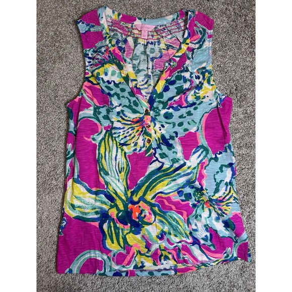 Lilly Pulitzer Tops - Lilly Pulitzer Sleeveless‎ Henley Tank Top Pink Floral Print Women's Medium M